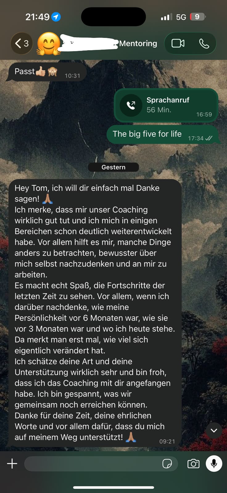 WhatsApp-Nachricht eines Klienten an Tom Köster